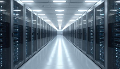 Poster - Modern data center corridor, server racks. Advanced tech, organized infrastructure. High-speed computing, data storage, processing, cloud based services. Information tech background for business,