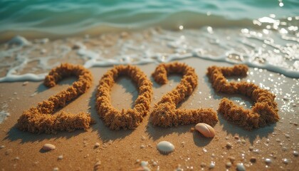 Poster - Celebrating the Year 2025 on a Sandy Beach with Sparkling Waves and Seashells