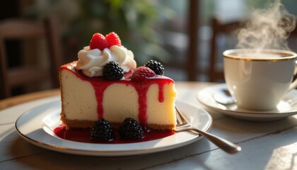 Poster - Decadent Cheesecake Slice with Berries and Coffee Cup on a Bright Table