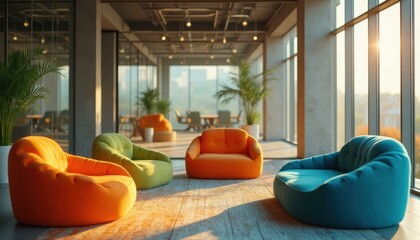 Aufkleber - Modern Office Relaxation Area with Colorful Lounge Seating and Natural Light