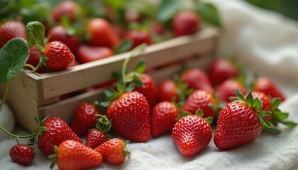 Poster - Fresh Strawberries Overflowing from a Wooden Crate on a Textured White Cloth, showcasing vibrant red hues and healthy treats