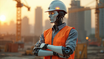 Poster - Robotic worker wearing safety helmet vest construction site. Digital transformation business model concept. Artificial intelligence, automation. Modern tech innovation. Futuristic cityscape sunset.
