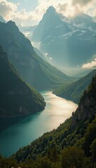 Poster - Serene mountain valley with turquoise river flowing between forested cliffs beneath majestic peaks
