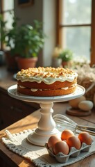 Poster - Delicious Round Layer Cake on a Pedestal Stand with Fresh Eggs and Natural Light