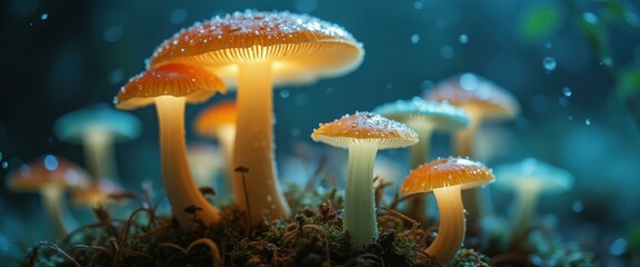 Poster - Magical mushrooms in forest, fairy woodland, illuminated caps, glowing light, nature fantasy, fungi, colorful, close-up, vibrant,