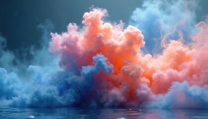 Aufkleber - Abstract cloudscape of pastel ink smoke in water. Blue orange pink colours. Wallpaper background for laptop digital media or other use. AI generative illustration.