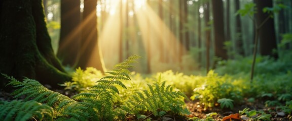 Aufkleber - Golden Light Illuminating a Forest Floor with Lush Green Ferns and Tranquil Woodland Scene