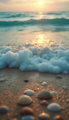Poster - Golden Hour Serenity: Gentle Ocean Waves Wash Ashore, Illuminating Seashells on a Sandy Beach