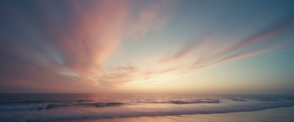 Poster - Ocean at sunset with dynamic pink and blue sky reflecting on wet sand and gentle waves