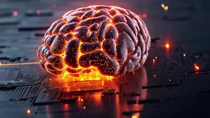 Poster - Futuristic digital brain with glowing neural connections illuminated in a dark, technological landscape, Futuristic Digital Brain with Glowing Neural Connections