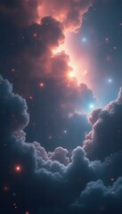 Poster - Ethereal Cloudscape: A Dreamy Celestial Sky with Glowing Stars and Radiant Light Amidst Billowing Clouds