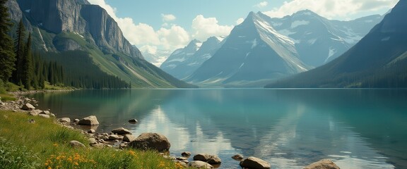 Poster - Serene mountain lake scenery with clear turquoise water reflecting towering peaks and lush green forests under a bright sunny sky