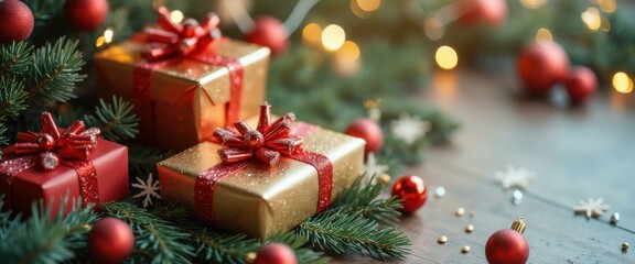 Aufkleber - Festive Christmas gifts with red ribbon on evergreen boughs, red ornaments and small golden lights