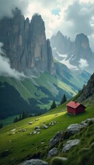 Poster - Picturesque Red Cabin Nestled in a Lush Green Mountain Meadow Under Towering Cliffs and Cloudy Skies