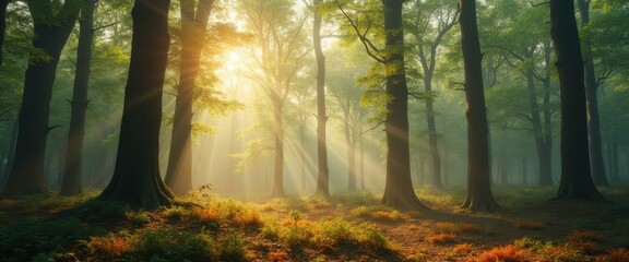 Poster - Tranquil Forest Scene: Sunlight Filtering Through Mist Amongst Majestic Trees with Green Foliage