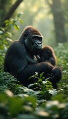 Poster - Gentle Gorilla Mother Holding Her Baby in a Lush Green Forest, Surrounded by Nature's Tranquility