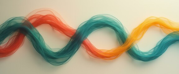 Fototapete - Abstract waves of layered transparent mesh fabric in orange, teal, and red form a modern design element