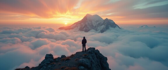 Fototapete - Silhouette of a person atop a mountain peak overlooking a cloudscape at sunset, embodying freedom and the beauty of nature