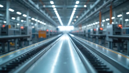 Poster - Empty assembly line factory interior, production manufacturing space. Modern automated industrial plant for car parts, automotive. Metallic machinery, technological equipment. Industrial, technology,