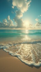 Poster - Serene Beach Scene with Turquoise Water and Gentle Waves at Sunrise