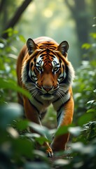 Poster - Powerful tiger walking through a lush green forest, animal close-up in natural habitat, wildlife portrait, detailed fur texture, f