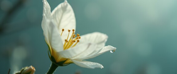 Leinwandbilder - Close-up of delicate white flower with water droplets and vibrant yellow stamens against a dreamy teal background