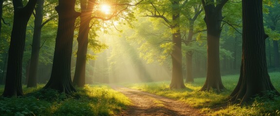 Poster - Sunlit Path Through a Lush Forest with Towering Trees and Golden Rays Creating a Tranquil and Ethereal Ambiance