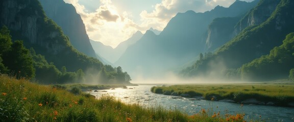 Poster - Tranquil valley landscape with river flowing through meadows and mountains under soft sunlight
