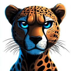 Poster - Intense cheetah portrait with striking blue eyes, featuring detailed fur texture and distinctive black spots on an orange and whit