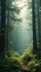 Poster - Misty forest path illuminated by sunlight filters through tall trees and lush greenery, creating a tranquil and scenic outdoor environment.