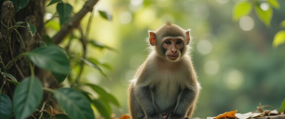 Poster - Alert Rhesus Macaque Monkey Portrait in Natural Forest Setting