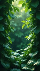Poster - Lush Green Vines Framing a Path into a Mystical Forest Glade with Soft Light