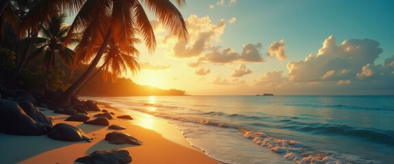 Poster - Serene tropical beach landscape at sunset featuring palm trees, golden sand, gentle waves, and a tranquil, warm atmosphere.