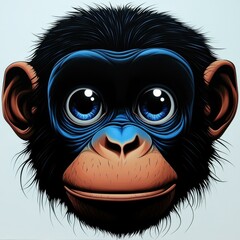 Aufkleber - Cartoon chimpanzee face with big eyes, black hair, brown muzzle, and realistic details isolated against a light background