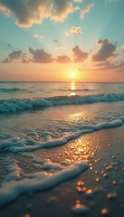 Poster - Golden sunset reflecting on gentle waves washing over a sandy beach at dusk