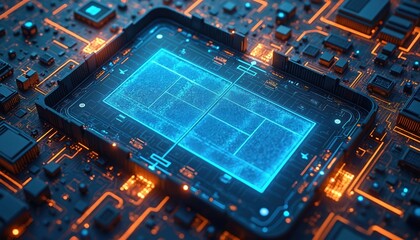 Poster - Futuristic digital tennis court. Modern technology, advanced AI, ball control, interactive training. High tech sport, equipment, innovation, smart court design, precise performance. Competition,
