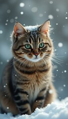 Poster - Portrait of a Green-Eyed Tabby Cat with Snowy Fur in a Wintery Outdoor Setting