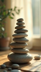 Poster - Zen stone pyramid with natural light and a blurred plant in background symbolizes balance and relaxation.
