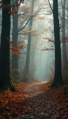 Poster - Autumn Forest Path: Foggy Woodland Trail with Trees, Fallen Leaves, and Mossy Trunks