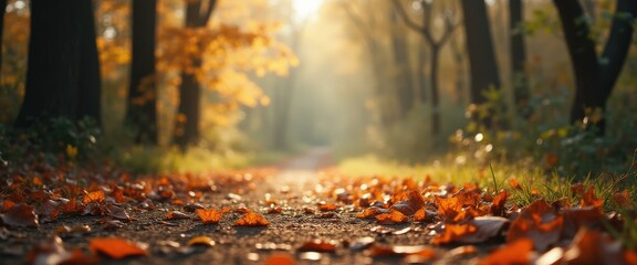 Poster - Autumn forest path covered in fallen leaves on a sunny day, creating a peaceful and seasonal ambiance.
