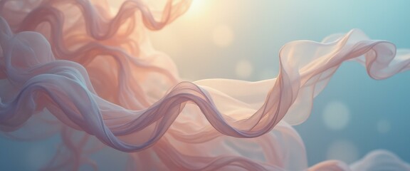Fototapete - Ethereal fabric waves in pastel colors flowing against a light blue background, evoking a sense of movement and elegance