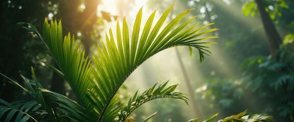 Poster - Lush palm fronds bask in the sunlight of a vibrant green forest landscape