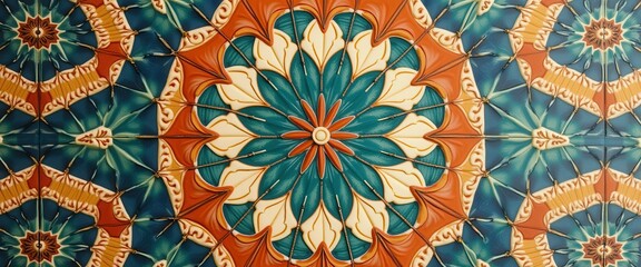 Aufkleber - Ornamental Floral Tile Art in Teal, Orange, and Cream Colors with Intricate Detail