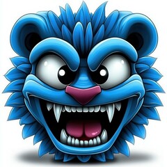 Aufkleber - Cartoonish blue monster head with sharp fangs and wide eyes, expressing a wild, playful emotion on a white background