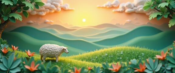 Aufkleber - Sheep grazes on hillside meadow under warm sunset light, serene hills in background, pastoral landscape with orange flowers, idyllic scene