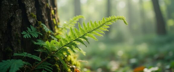 Poster - Fern Frond Emerges from Bark in Lush Forest with Soft Sunlight