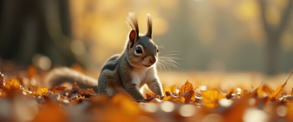 Poster - adorable squirrel in autumn foliage, bright, looking in camera, cute, small creature in the sun, bro