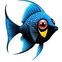 Poster - Cartoon Fish with Blue Scales, Big Eyes, and Yellow Patch, Swimming in Vivid Detail on a White Background