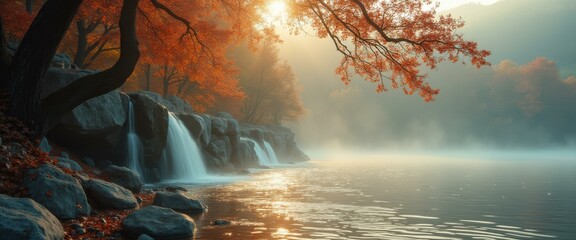 Poster - Autumn landscape with waterfalls cascading into a misty lake, surrounded by trees with vibrant red leaves, creating a serene and scenic view