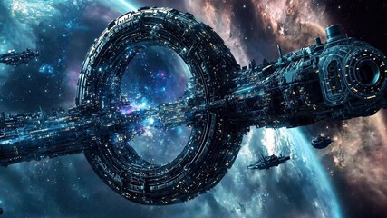 Poster - Explore futuristic structures in space featuring advanced technology and sleek designs in a vibrant cosmic environment, Futuristic Structures in Space video background Seamless ing time lapse quality